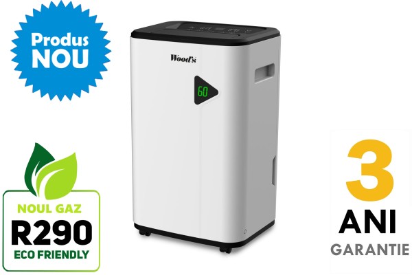 Dezumidificator Woods MDX20P Capacitate 20 litri/zi Pompa condens Uscare rufe Setare umiditate Afisaj electronic Timer Suprafata 40mp