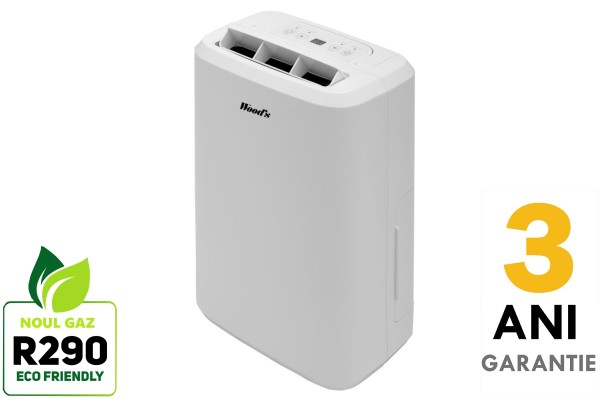 Dezumidificator Woods M10G Capacitate 10 litri/zi, Uscare rufe, Setare umiditate, Afisaj umiditate, Timer,suprafata 20mp