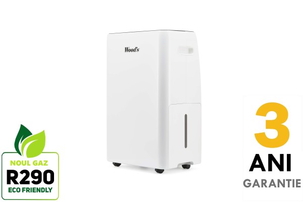 Dezumidificator Woods MRD20G Capacitate 20 litri/zi Uscare rufe Setare umiditate Afisaj electronic Timer suprafata 70 mp